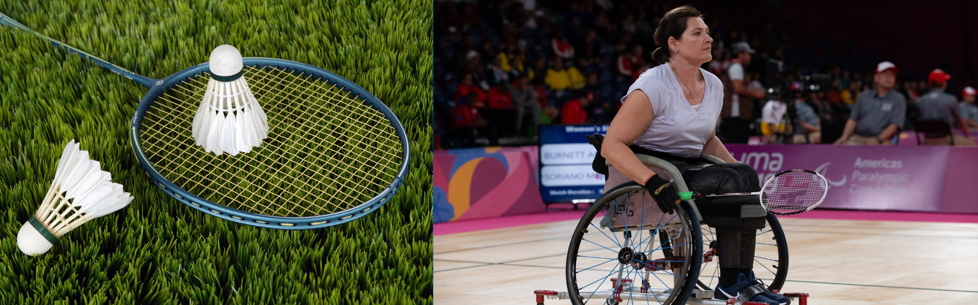 Person in a wheelchair playing adaptive badminton at an indoor court