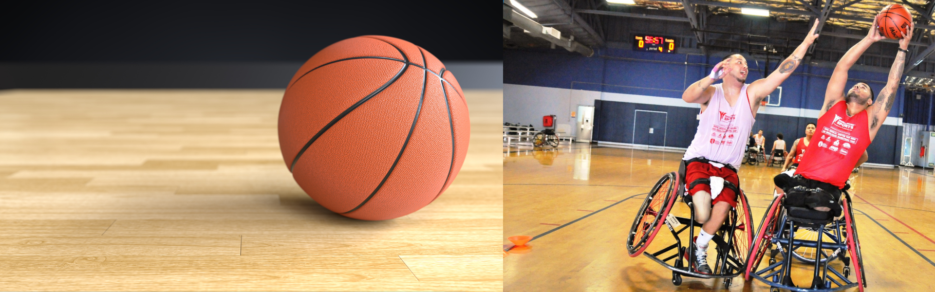 Two people playing wheelchair basketball at an indoor court