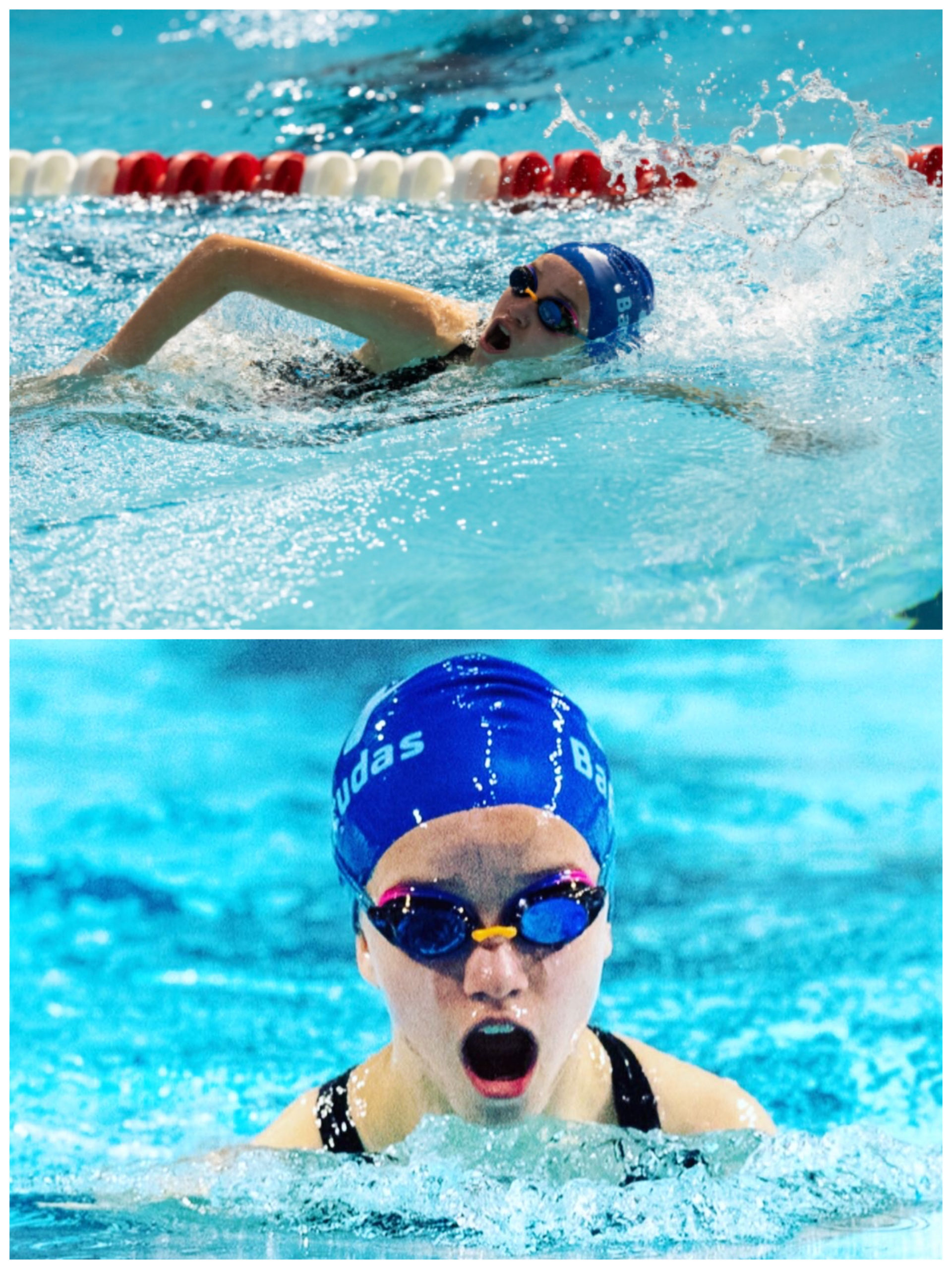 Two pictures stacked on each other both of a female athlete in a smiling pool coming up from the water to take a breath