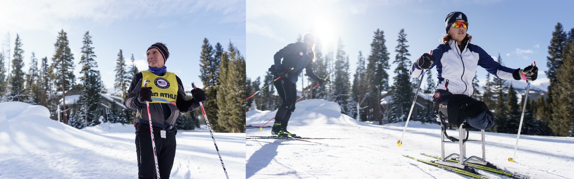 Two people Nordic skiing - one in a sit ski and one standing