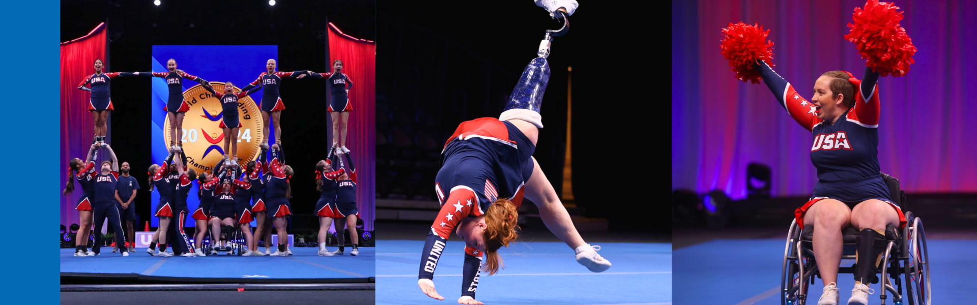 Banner with adaptive cheerleaders doing cartwheels, pyramids, and waving pom poms