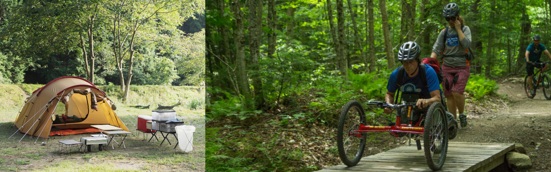 side by side images - one is a tent in the woods and the other is a person riding in the woods on an adaptive bike