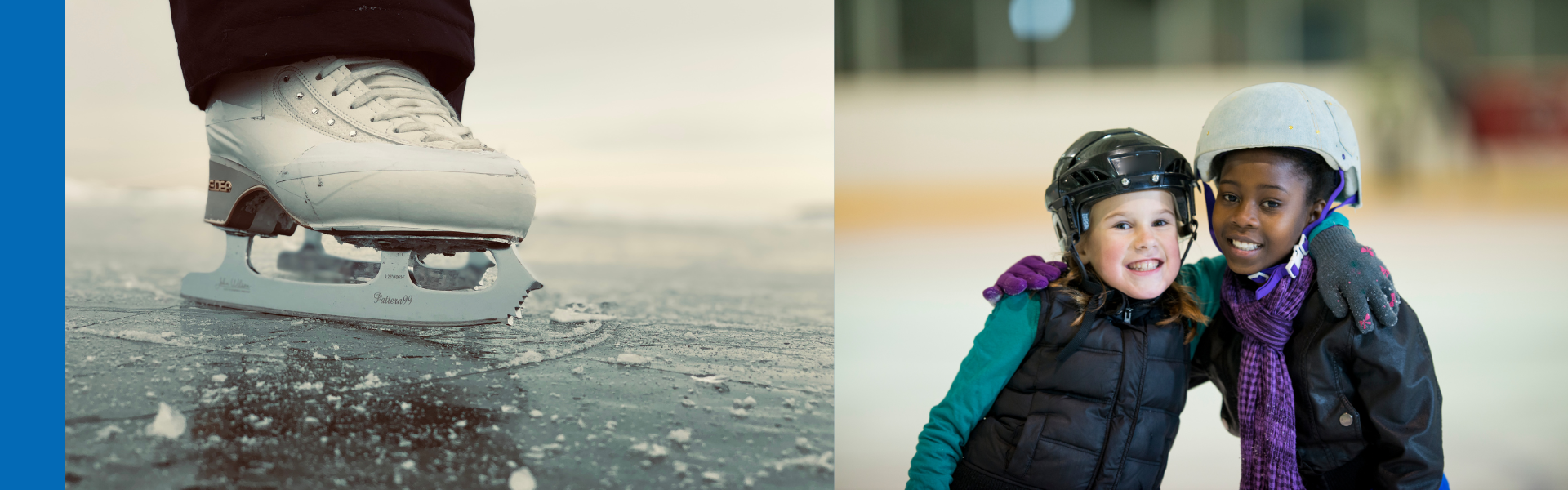 Two kids in helmets ice skating