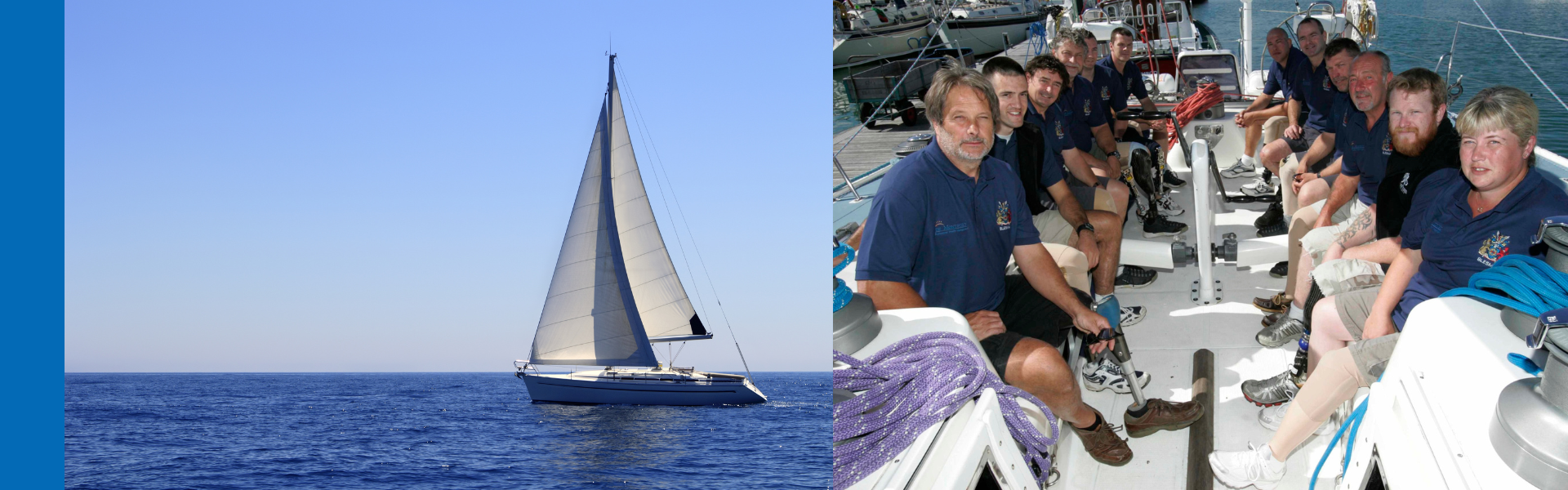 banner image of a group of people on a sail boat and a sail boat next to them