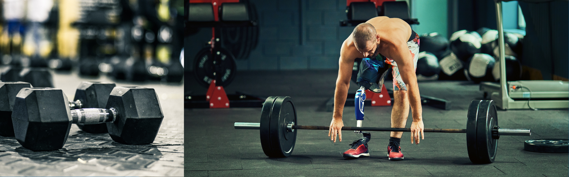 A person lifting weights with a prosthetic leg in a gym