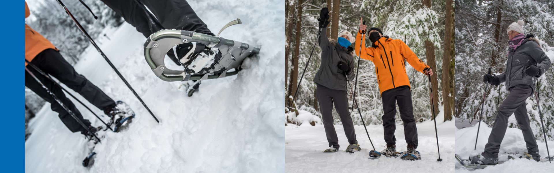 two people snowshoeing through the woods and a close up of a snowshoe in the snow