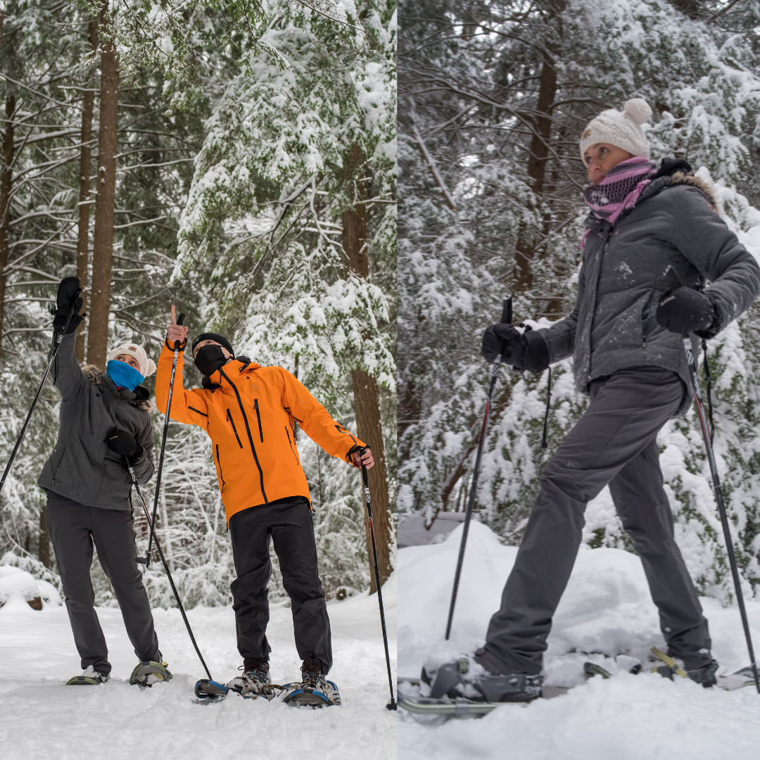 three people snowshoeing through the woods