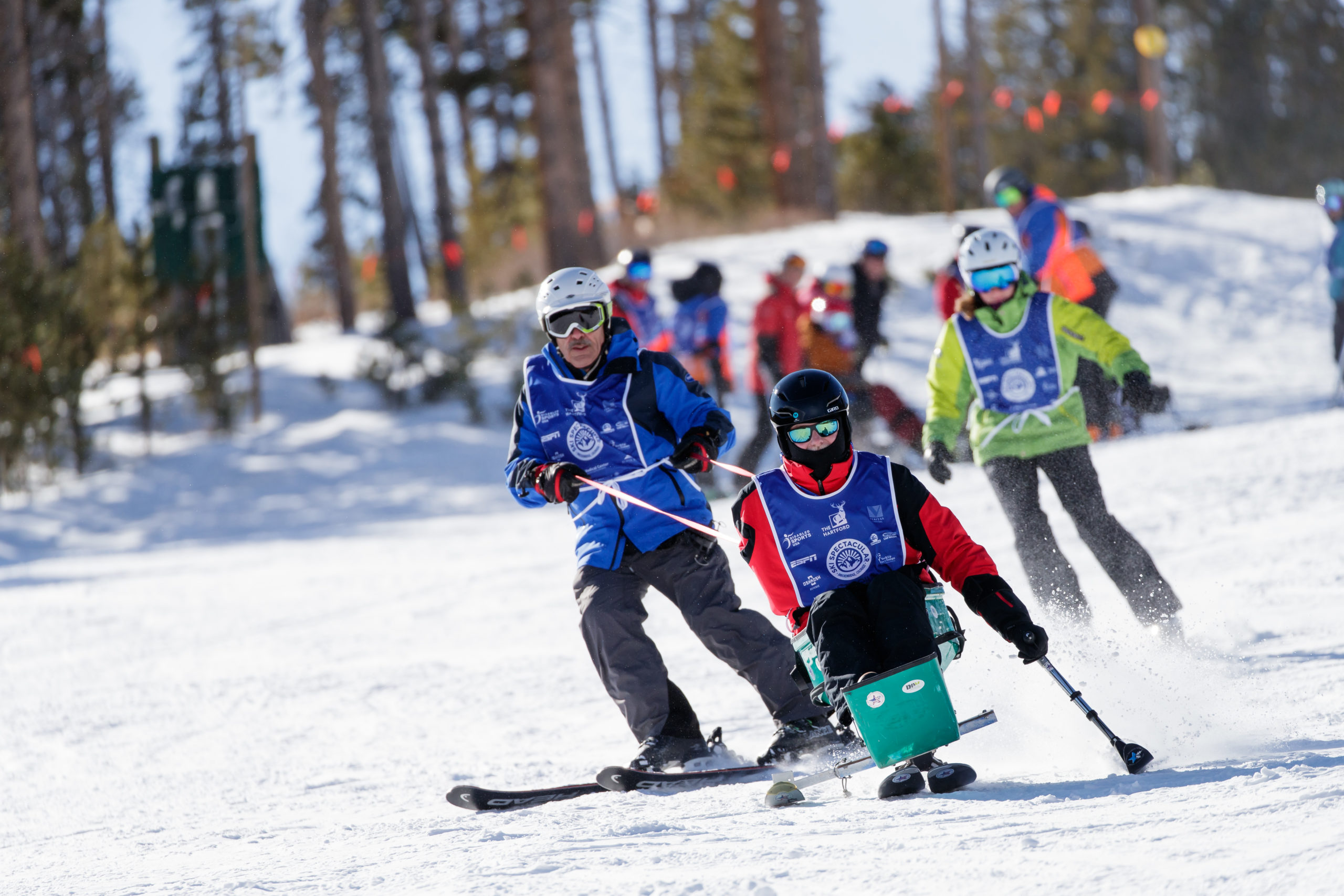 Athletes skiing with dual ski