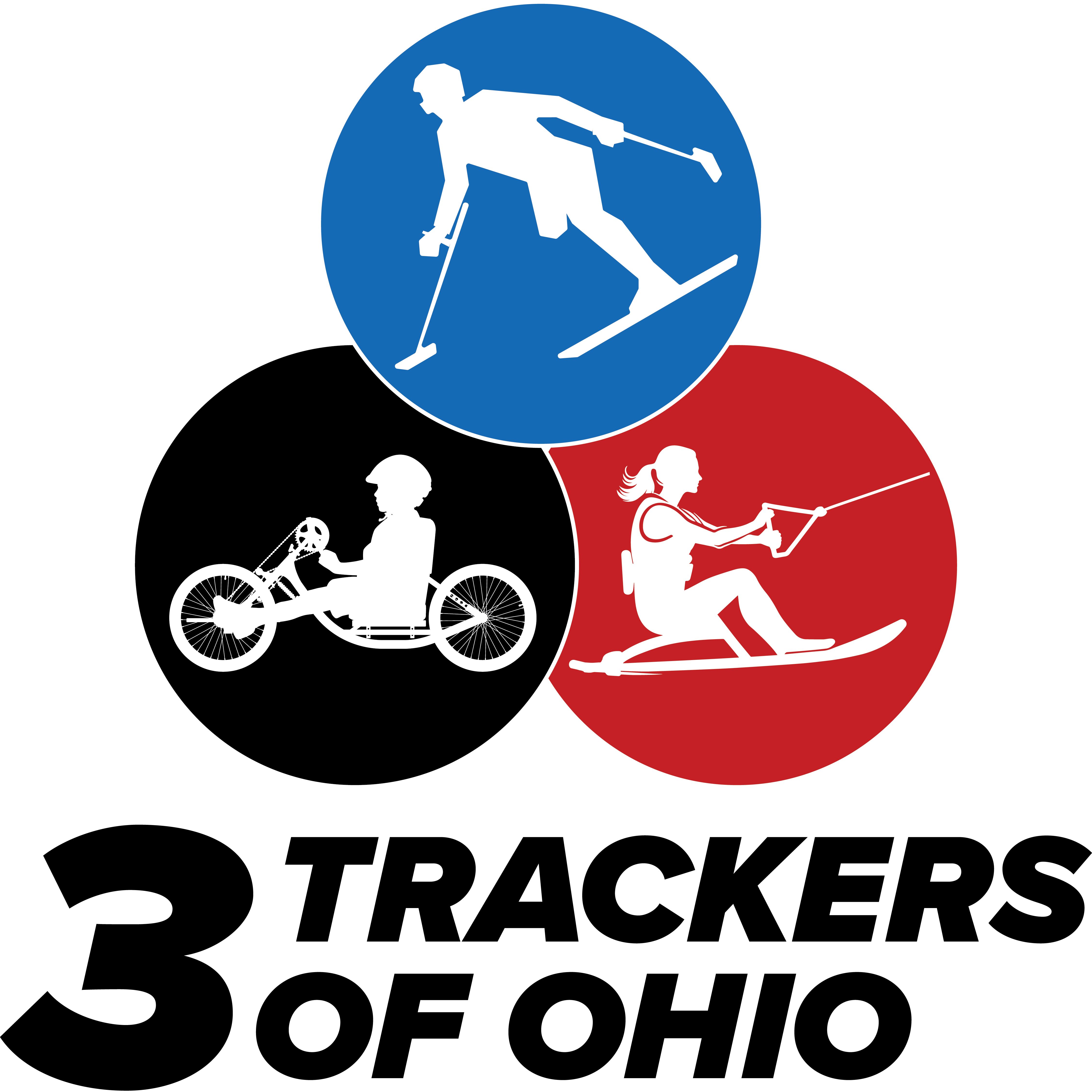 3 trackers of ohio logo with 3 track skier, seated water skier and a handcyclist