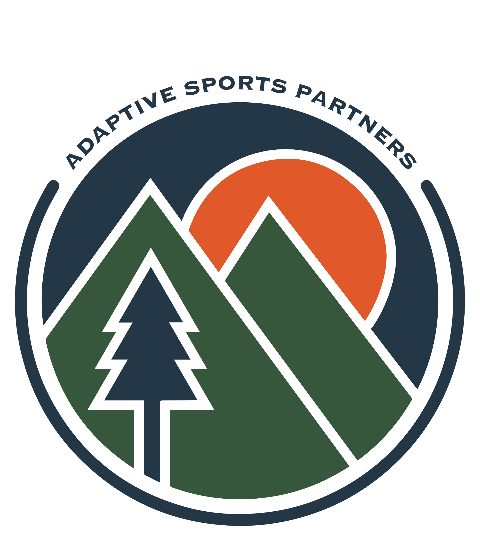 Circle with green mountain, a yellow sun and a pine tree with Adaptive Sports Partners written on the outside
