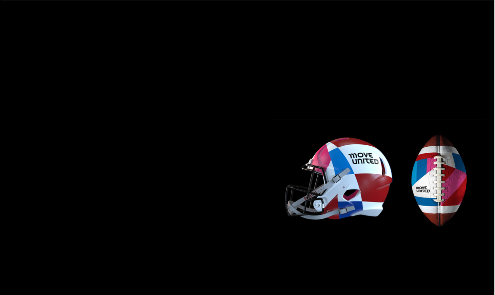Football and football helmet decorated in Move United patchwork