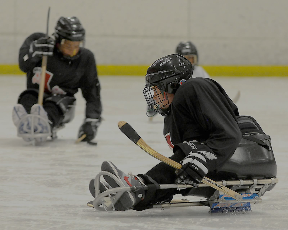 Athletes playing sled hockey