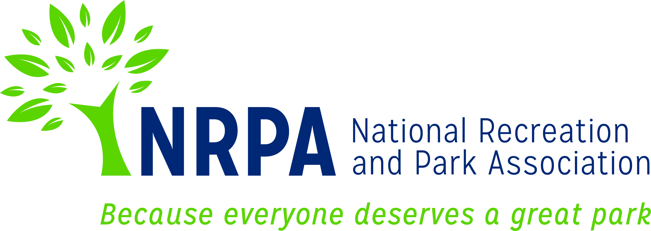 White background with green tree and blue text that reads: NRPA National Recreation and Parks Association
