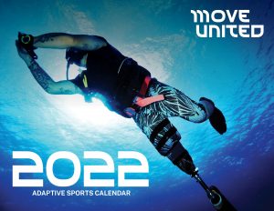 Cover of calendar with leg amputee scuba diving under water and text reading 2022 Adaptive Sports Calendar