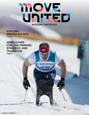 Cover of magazine with nordic adaptive athlete skiing on snow and text reading Move United magazine winter 2021