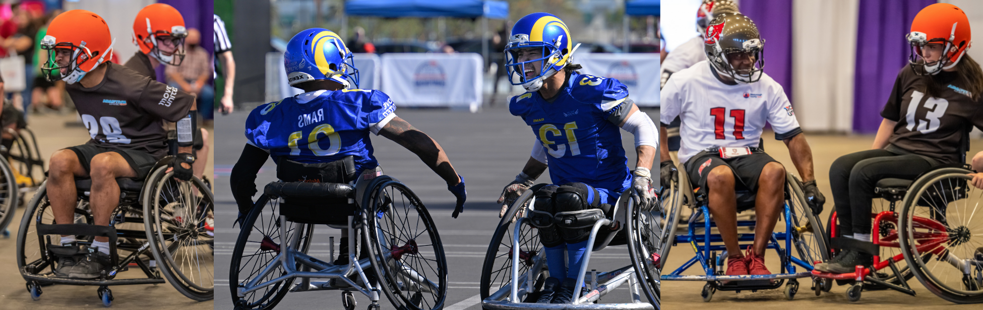 Left Image: athlete calling out to teammate Center Image: Two Teammates cheer to each other. Right image: opposing players wheelchairs hit each other.
