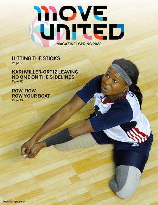 Cover of magazine with Keri Miller Ortiz on a gym floor playing sitting volleyball