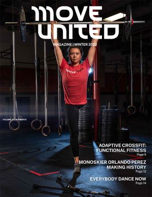 Magazine cover with female leg amputee lifting weights over their head and text reading Move United magazine Winter 2022