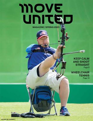 Magazine cover with image of armless athlete shooting a bow and text reading Move United magazine Spring 2023