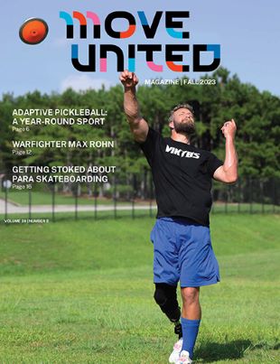 Cover of Fall 2023 issue of Move United magazine with male track and field athlete with leg amputation throwing discus
