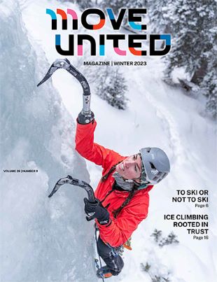 Cover of Move United Winter 2023 issue with adaptive athlete ice climbing