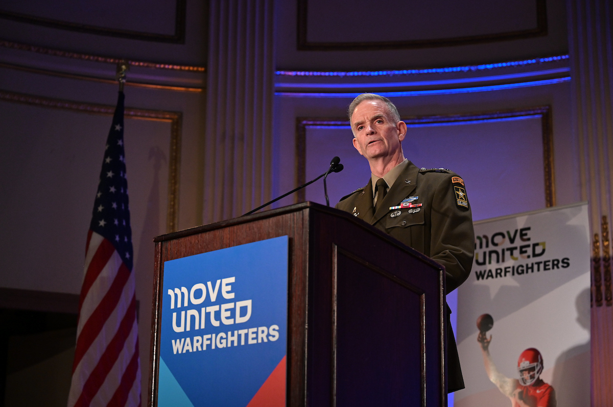 General Piatt on stage in uniform speaking at the 2023 Honoring America's Wounded Warfighter Gala in New York City.