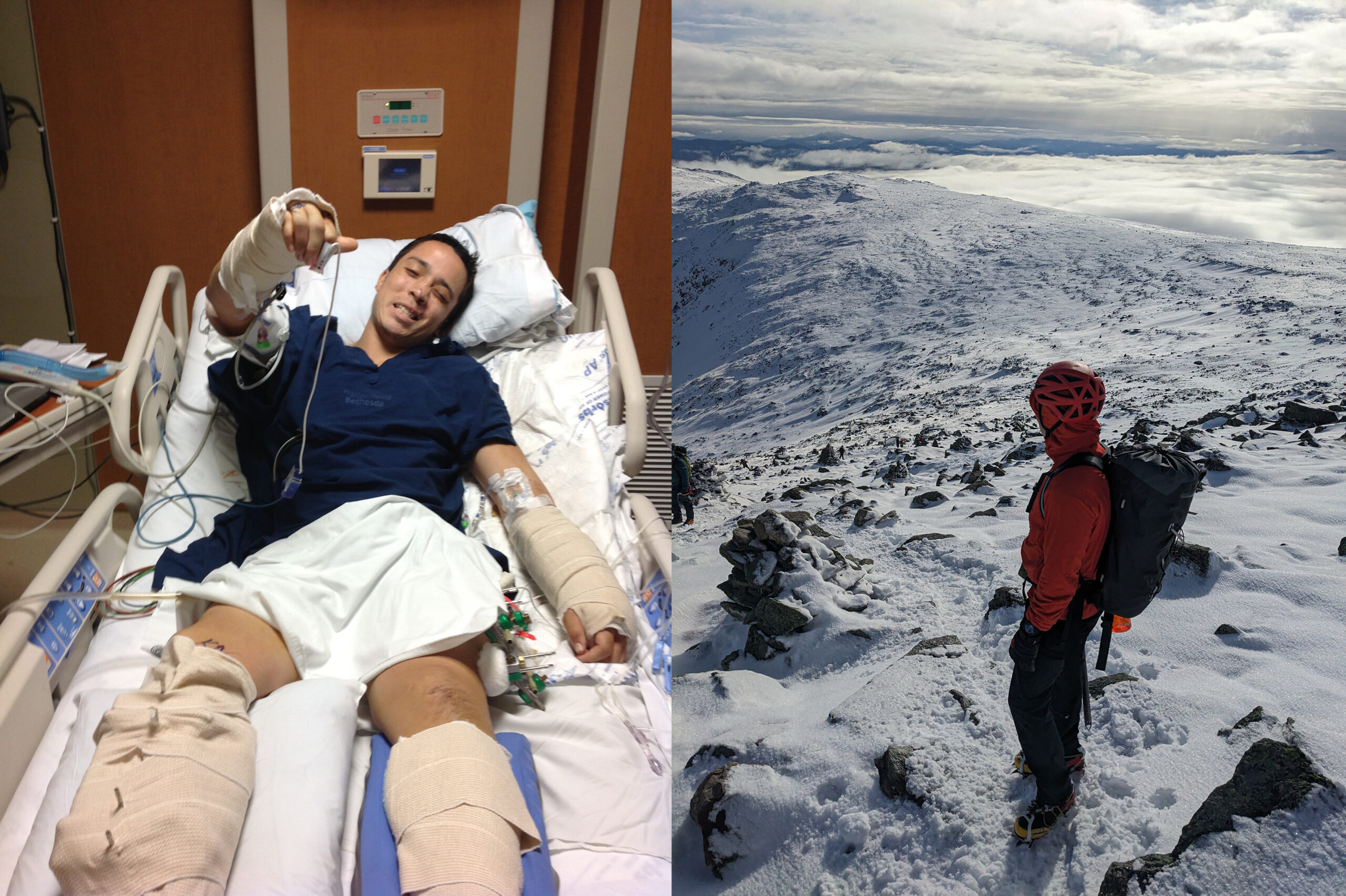Two images of Jared: One in a hospital bed and on standing on snow