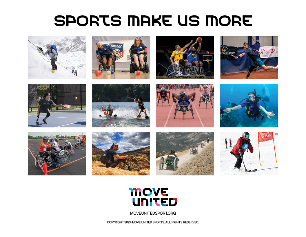 Back of the 2024 Adaptive Sports Calendar with twelve different images of adaptive sports played and text reading Sports Make Us More and Move United logo