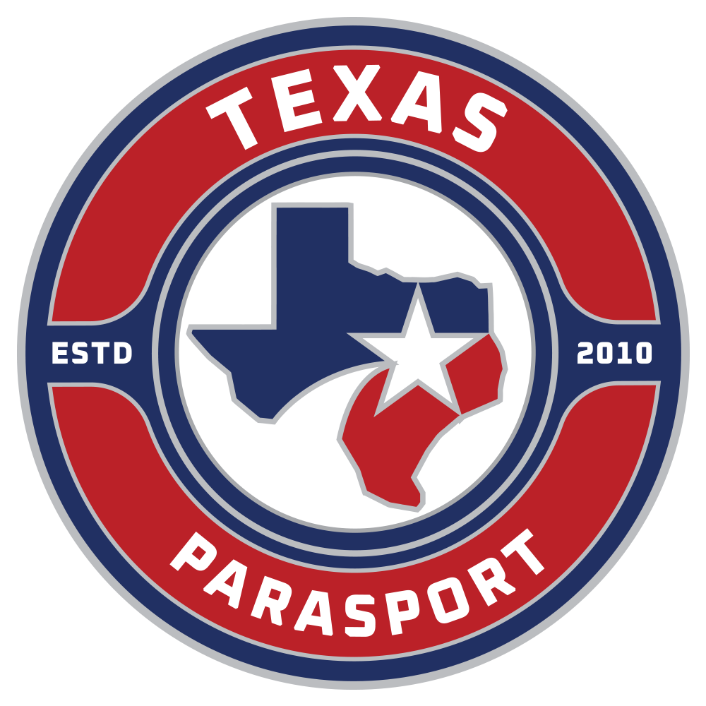 Blue Circle with Red inside. The State of texas inside the circle with Texas ParaSport est. 2010 written inside