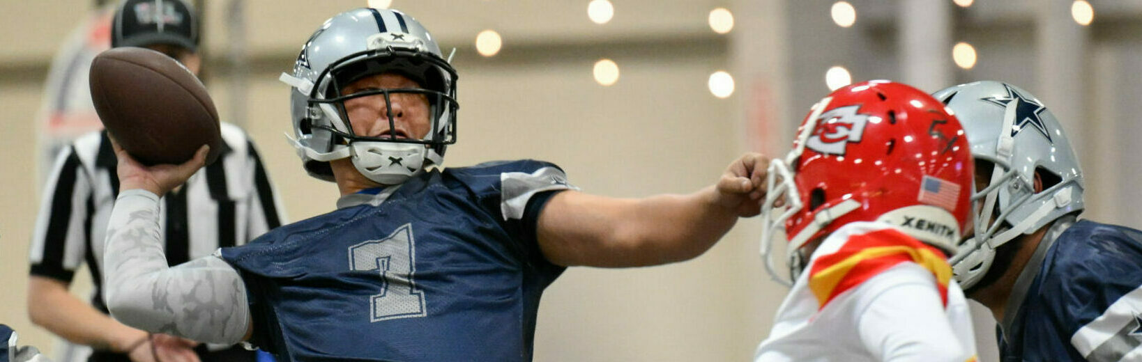 Dallas Cowboys player Jason Rainey launches a pass against the Kansas City Chiefs during the USA Wheelchair Football League Championship, a program of Move United, Tuesday, Feb. 6, 2024 in Dallas, TX. (Photo by Reed Hoffmann for Move United)