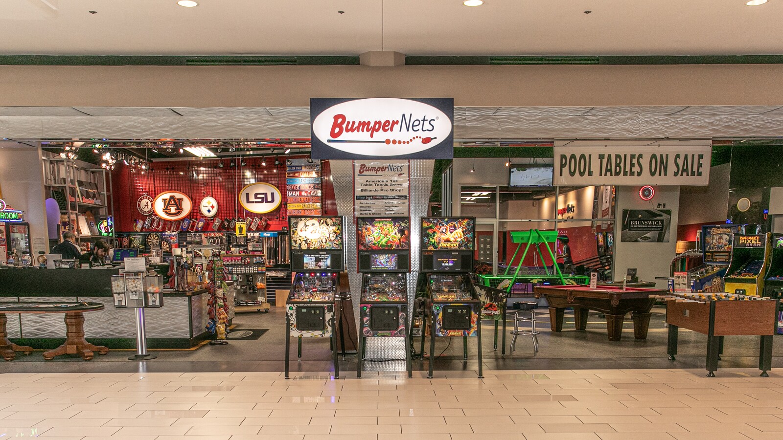 Front of Bumper Nets store featuring arcade games, pool table, foosball table, and more.