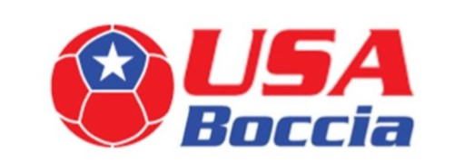 Red and blue boccia ball with large USA in red and Boccia written in blue