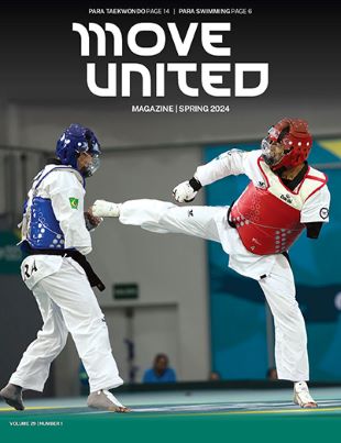 Cover of Spring 2024 issue with Move United logo and image of two adaptive athletes competing against each other in para taekwondo