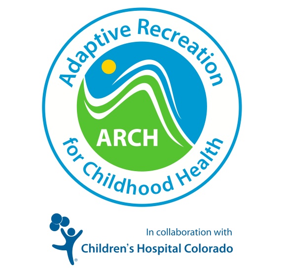 Blue circle with green mountain and blue sky with a sun. The words Adaptive Recreation for Childhood Health surround it