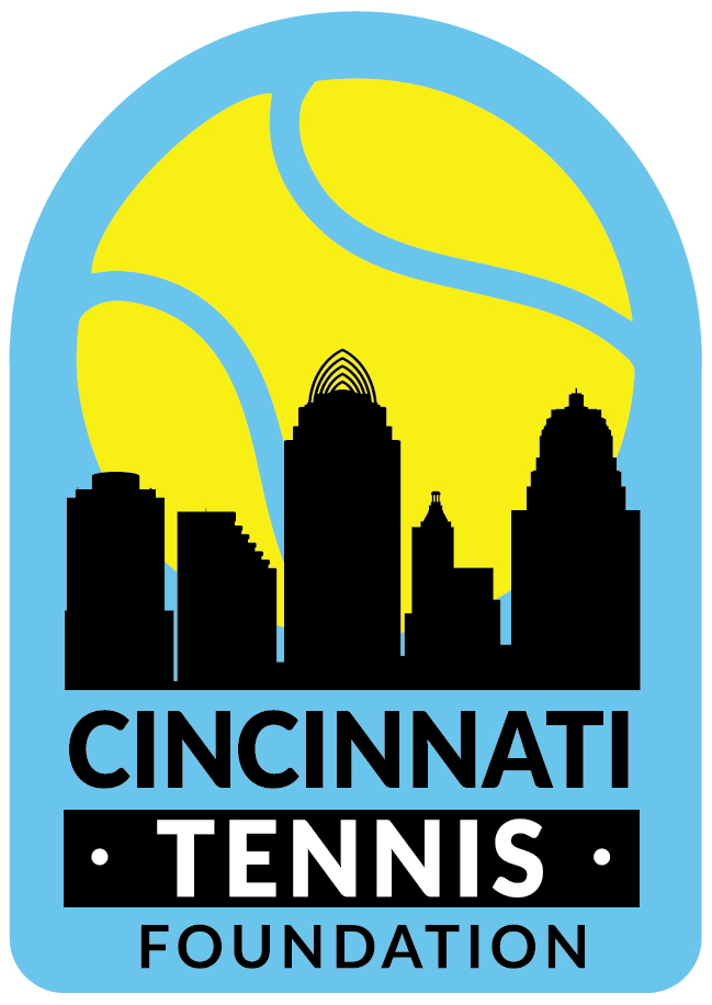 Blue background with large yellow tennis ball and city buildings in the front
