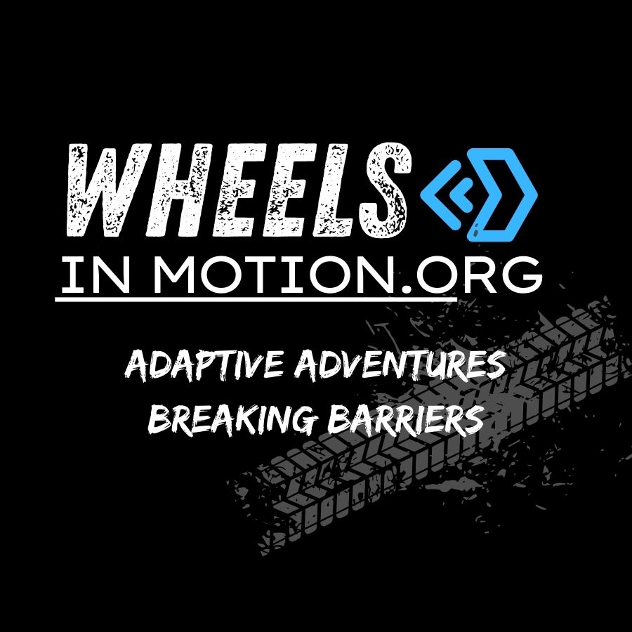 Wheels in motion logo with white tire marks in background. Adaptive Adventure Breaking Barriers.