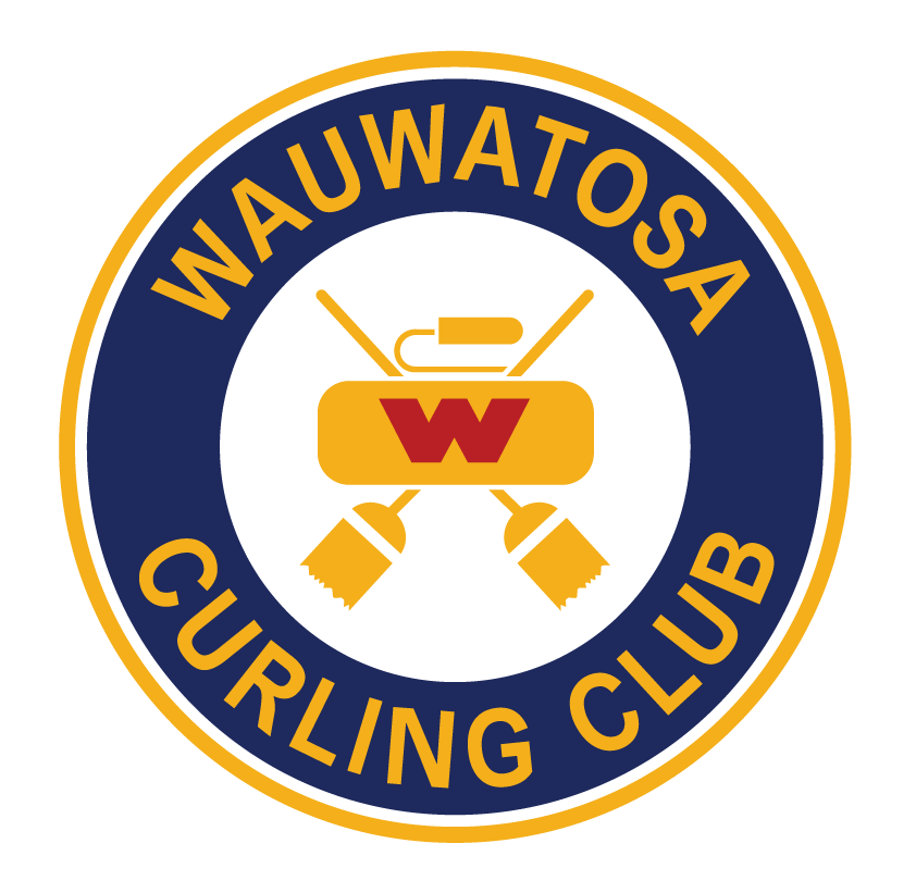 Blue circle with gold writing Wauwatosa Curling Club with curling paddles and stone in the middle.