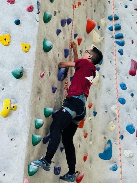 An athlete climbs on an indoor rock wall.