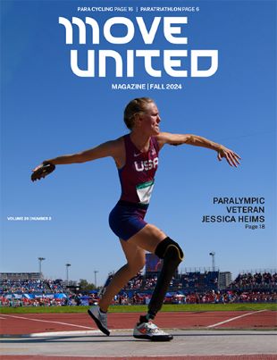 Cover of Fall 2024 issue of Move United magazine with female leg amputee throwing a discus