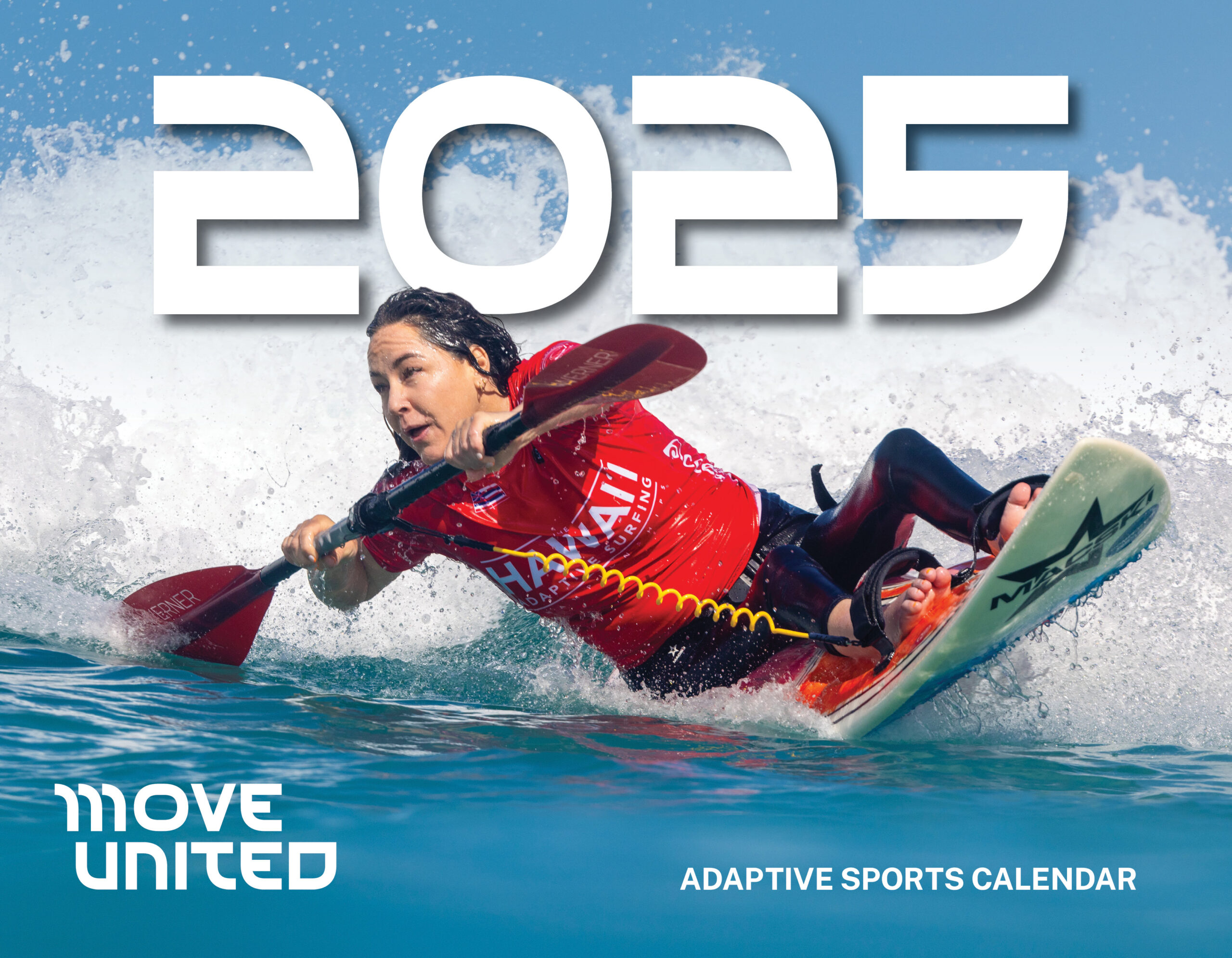 Cover of 2025 Adaptive Sports Calendar with Move United logo and image of para surfer