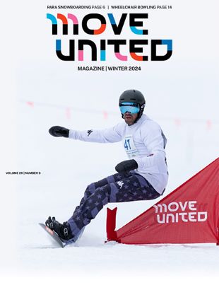 Cover of 2024 Move United magazine winter issue of para snowboarding going down the mountain