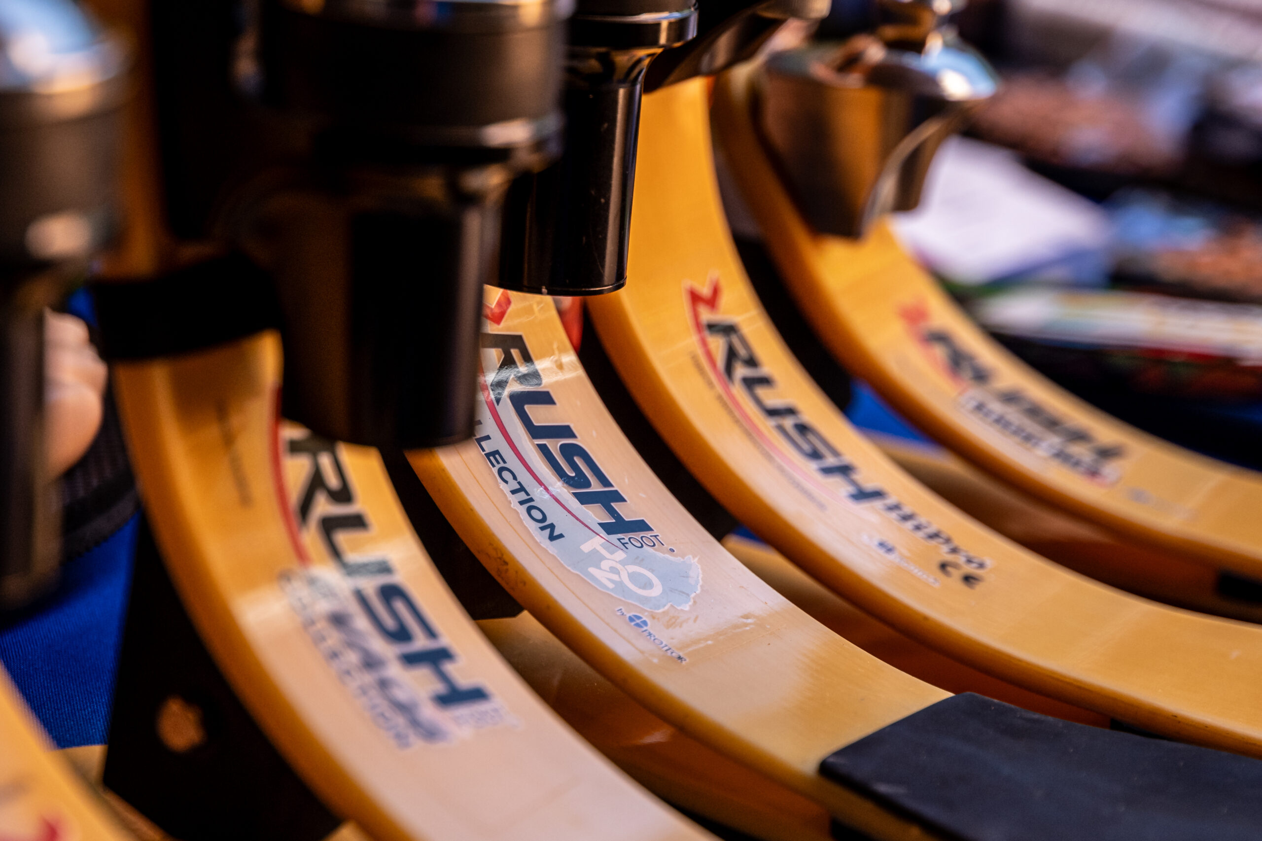 A row of prosthetic feet
