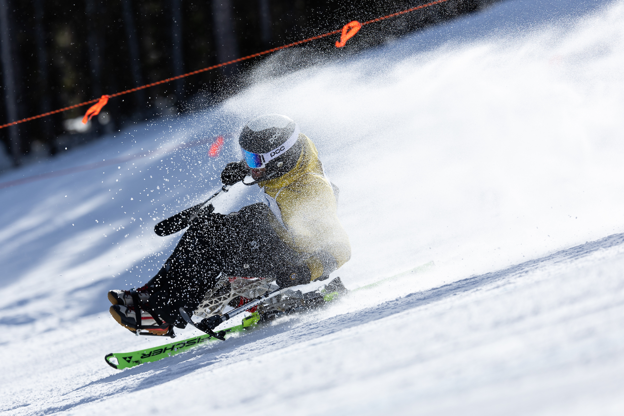 Sit skier skiing quickly down the hill