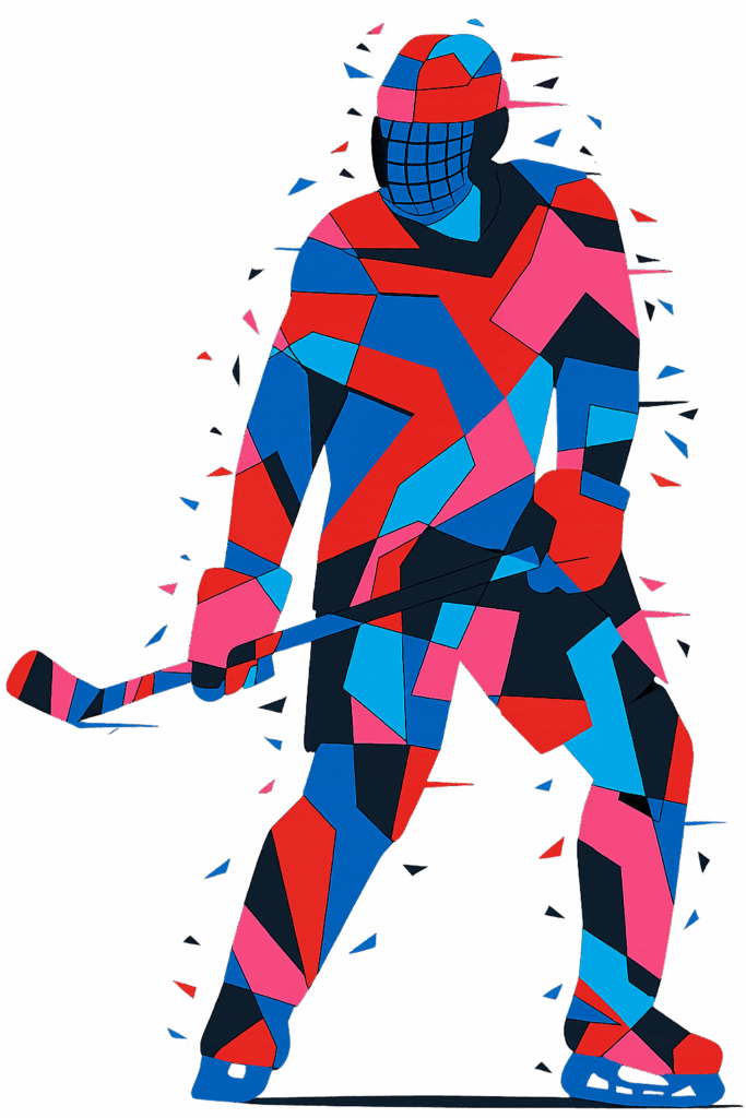 Stylized digital illustration of a standing hockey player holding a stick, designed in a patchwork of geometric shapes in bright red, pink, blue, and black. The figure is outlined with glowing red and blue light, with shards of color radiating outward against a white background.