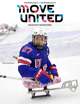 Cover of Winter 2025 Issue of Move United Magazine with image of Sled Hockey Player on Ice