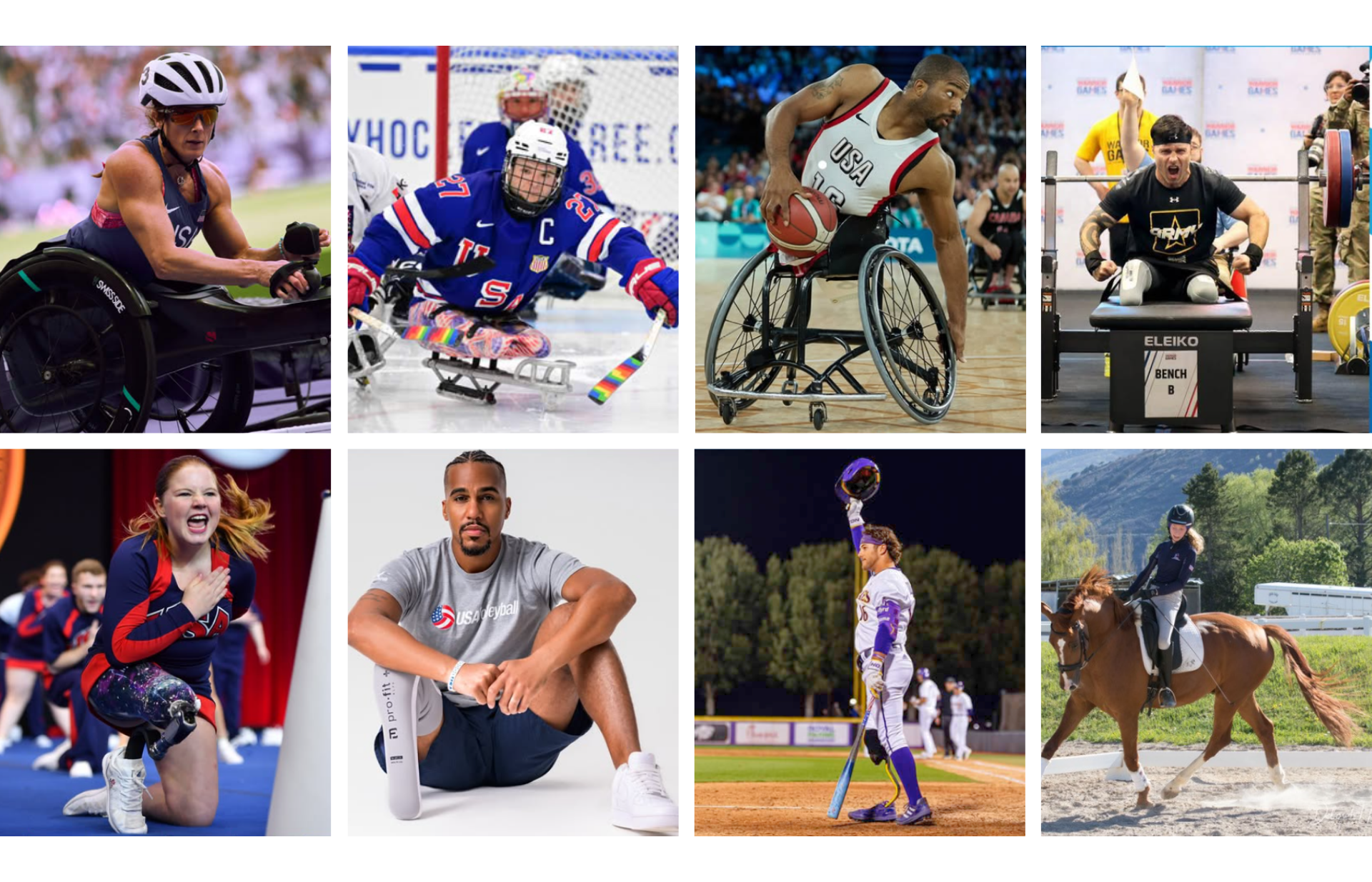 Collage of adaptive athletes featured as guests on the Move United Redefining Disability podcast, representing sports including wheelchair racing, sled hockey, powerlifting, wheelchair basketball, cheer, track and field, baseball, and equestrian.