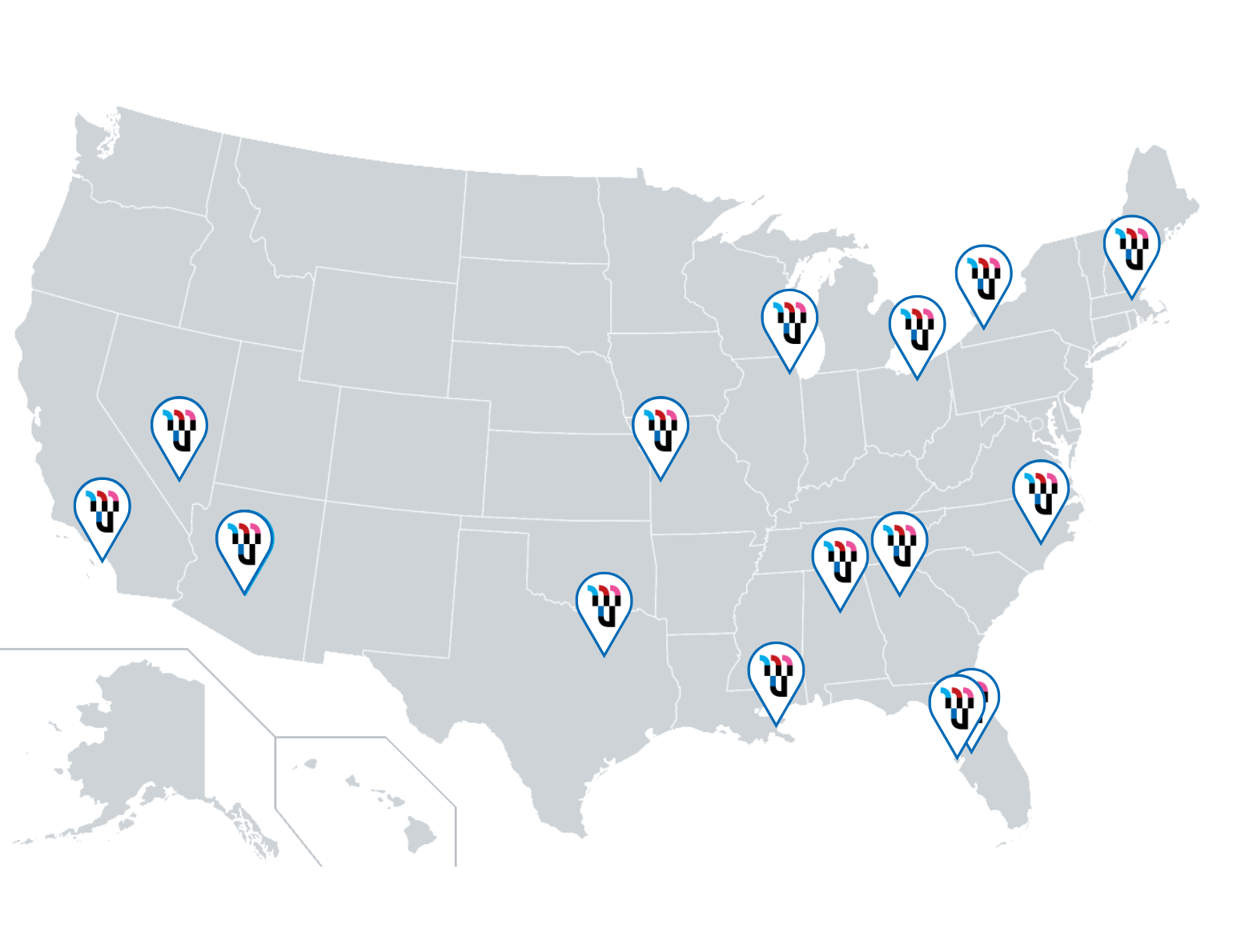 Map of USA identifying locations of all USAWFL teams