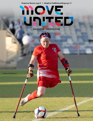 Cover of Spring 2026 issue of Move United magazine with female amputee soccer player on the field kicking the ball