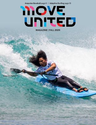 Cover of fall issue of Move United magazine with image of seated surfer riding an ocean wave