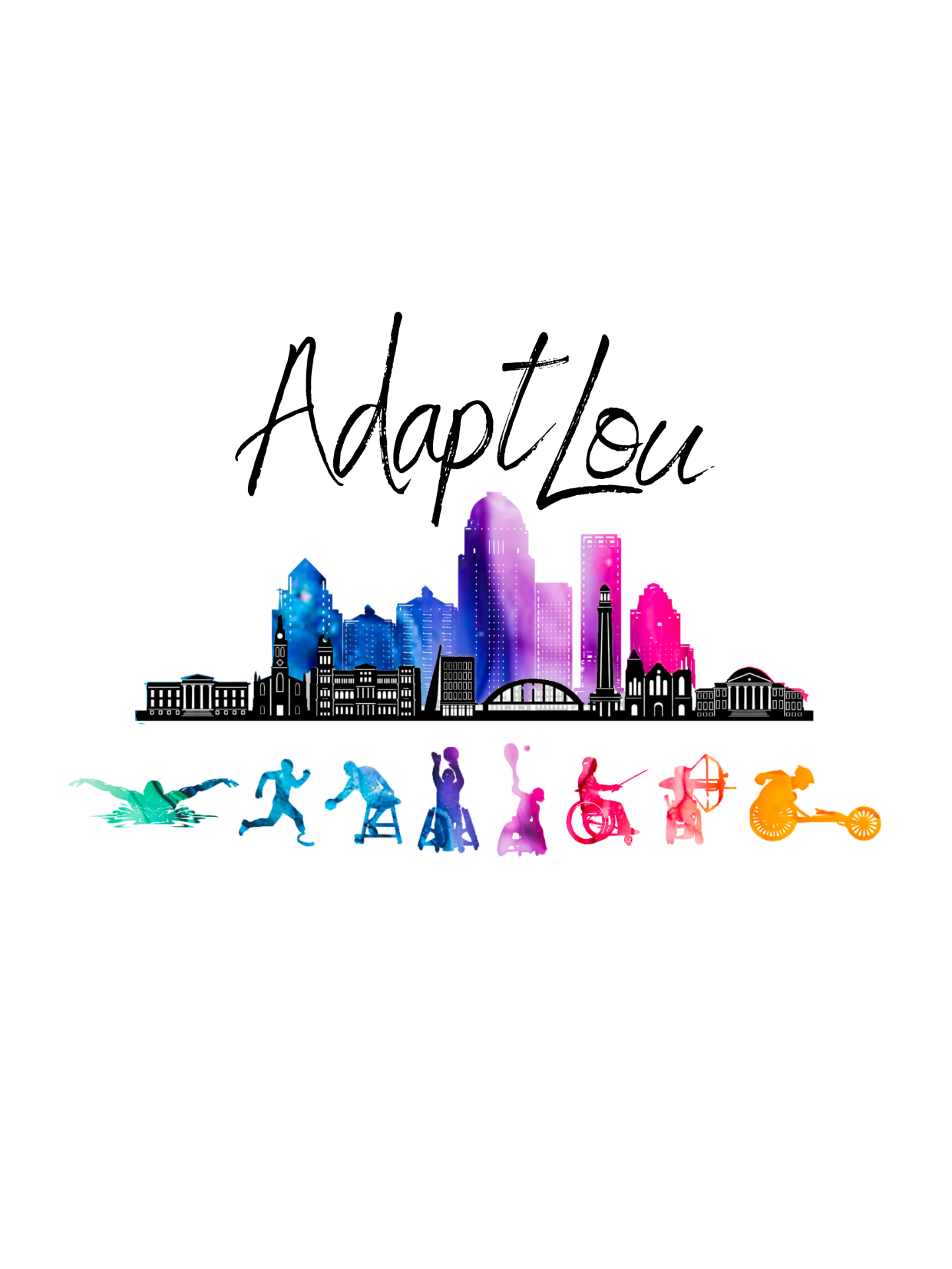 AdaptLou Logo - Louisville, KY cityscape with images of various adaptive athletes below the cityscape